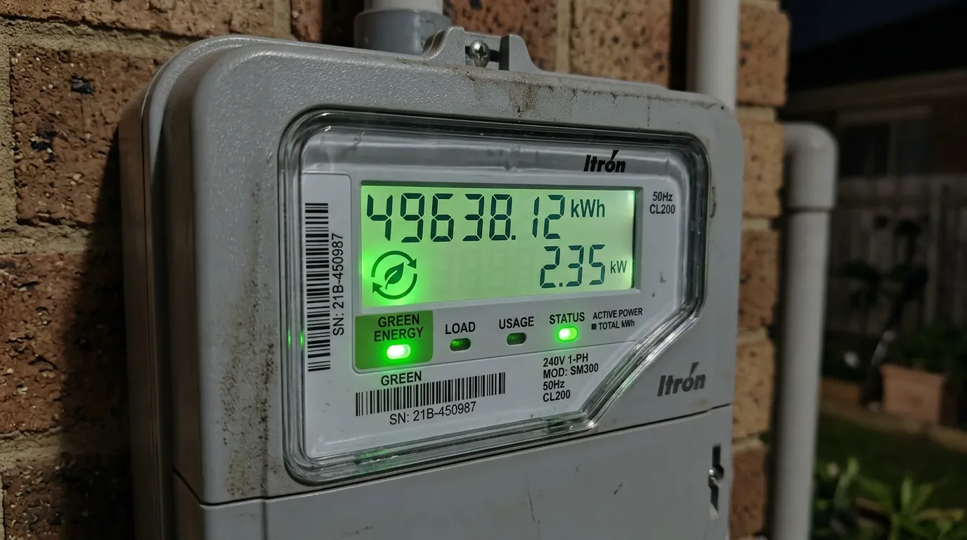 Close-up of electrical meter display showing power consumption data with green energy indicators and digital readout