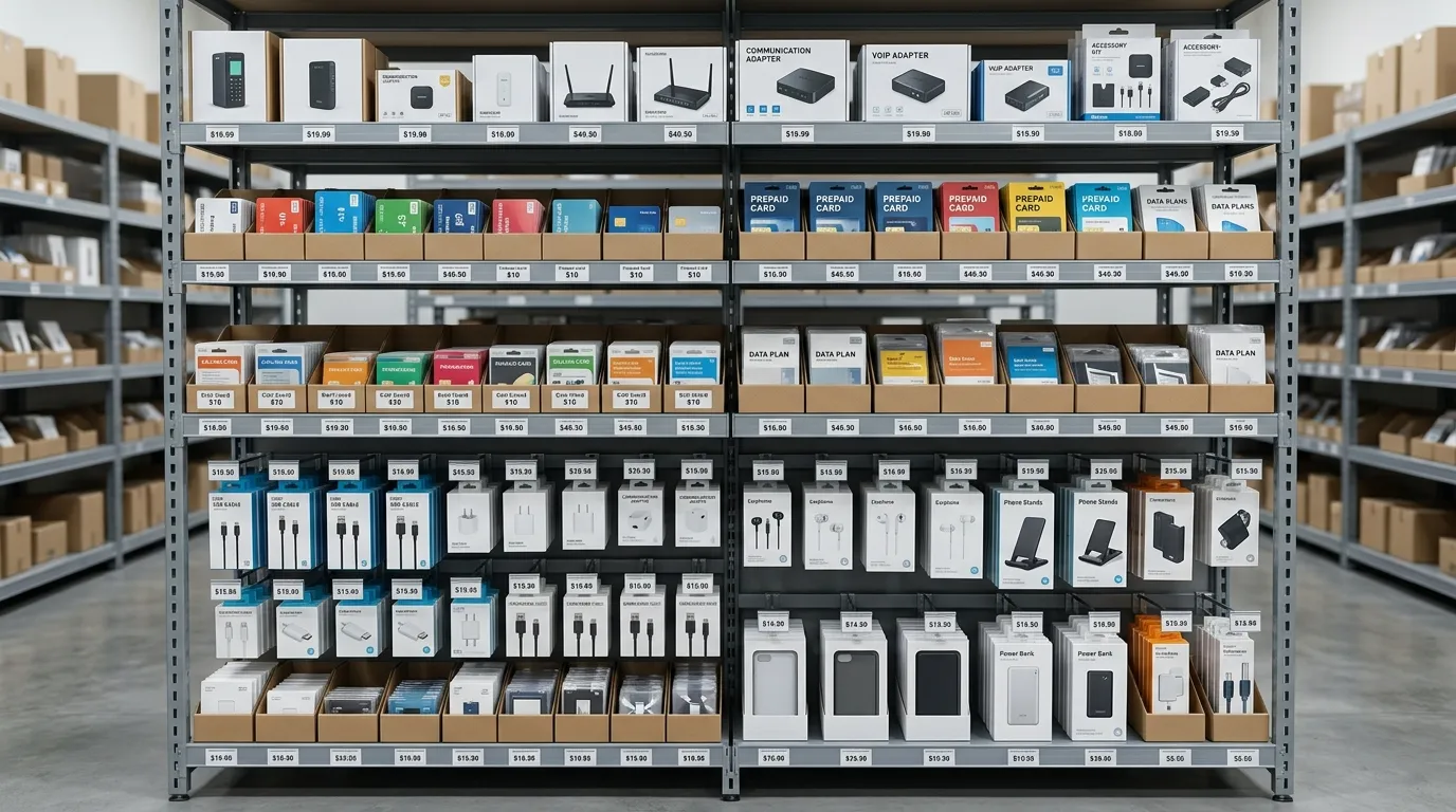 Well-organized online retail shelving with communication products, calling cards, and telecom accessories neatly displayed with price labels