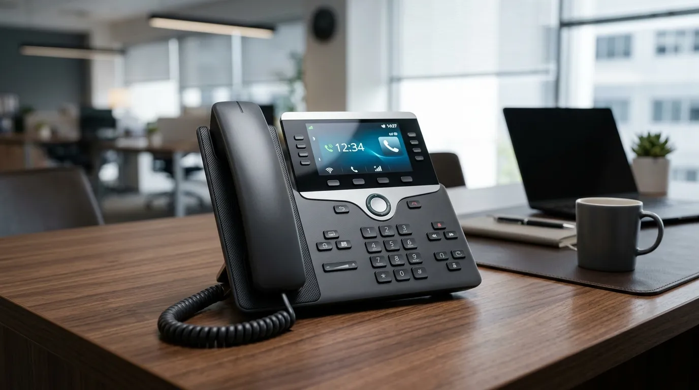 Modern IP telephone handset on a desk with digital interface display showing call information and network status